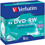 VERBATIM DVD-RW REGRABABLE 4.7GB JEWEL CASE 5-PACK 43285